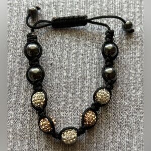 Vintage black cord adjustable bracelet w hematite & rhinestone embedded beads